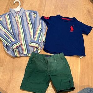 Polo by Ralph Lauren Kids Striped Button Down and Navy Tee with Green Shorts